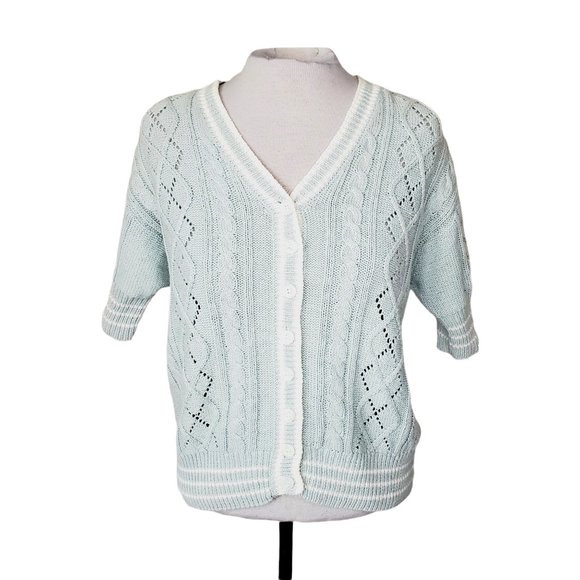 Vintage Crazy Horse Cardigan Grannycore Cable Knit Retro Rami Cotton Pale Blue M - Picture 1 of 8